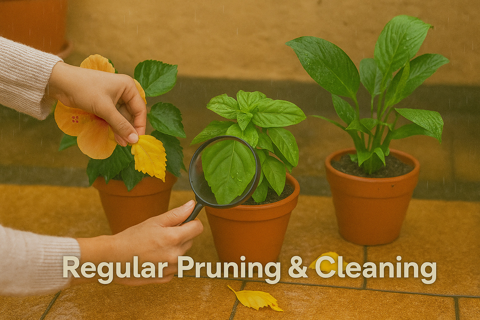 Regular pruning and cleaning of balcony plants during monsoon – hand removing yellow leaves from hibiscus on a wet Indian balcony floor